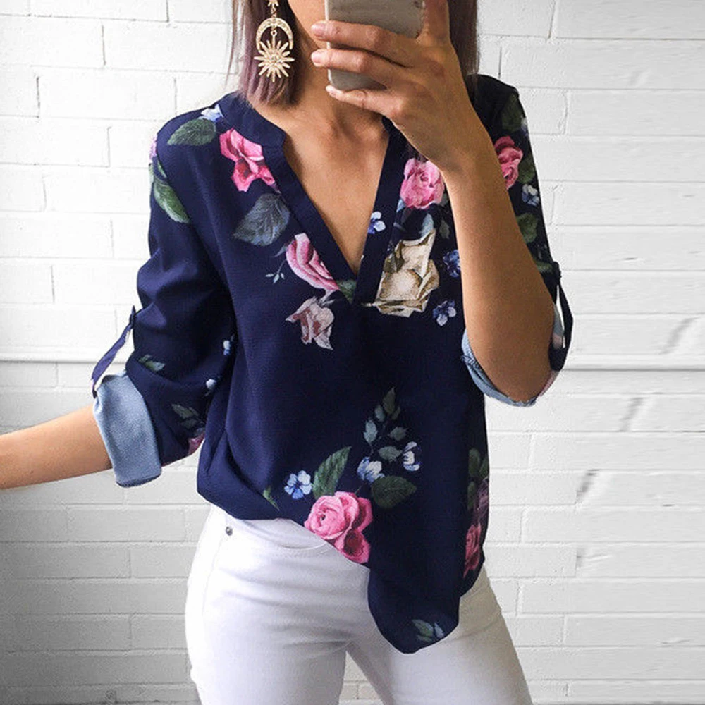 HEFLASHOR Lady Casual Floral Printed Tops Shirt Fashion Women Summer Loose Top 3/4 Sleeve V-neck Blouse Women's Leaf Print |