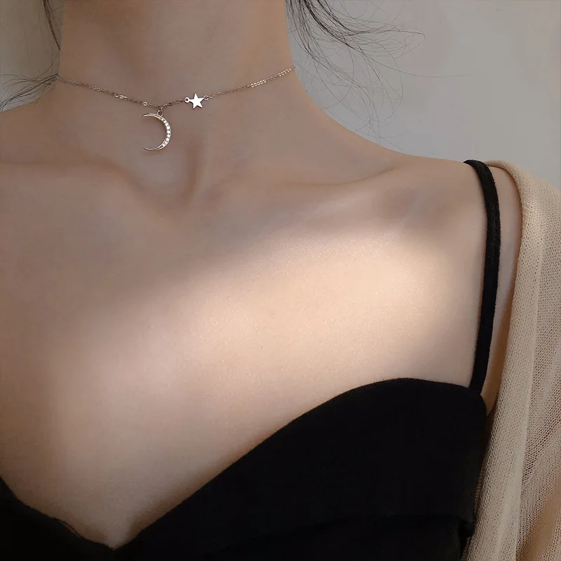 

Moon Star 925 Sterling Silver Necklace Fashion Simple Sparkling Clavicle Chain Woman Wedding Jewelry Party Birthday Gift