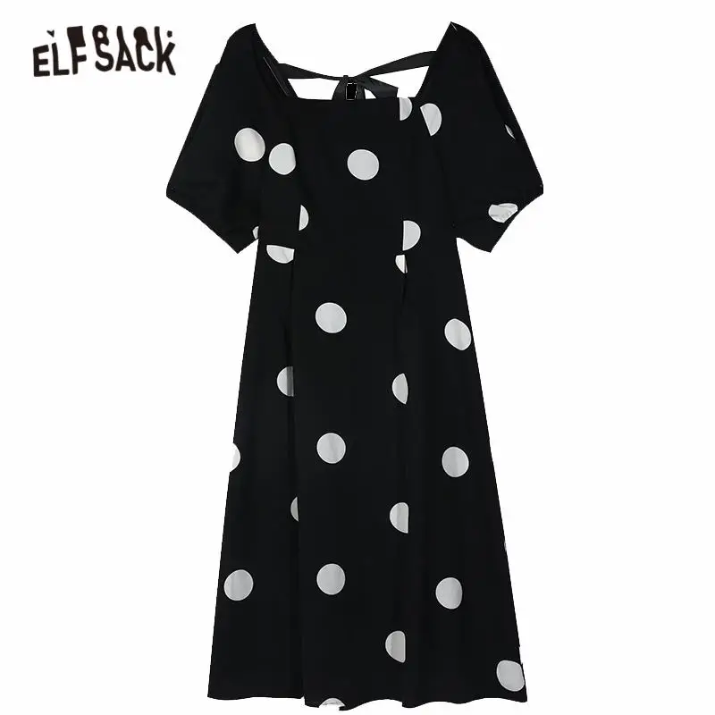 Женское шифоновое платье ELFSACK черное винтажное в горошек с открытой спиной на