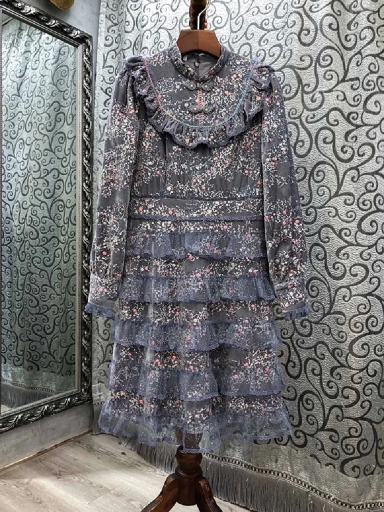 

Quality Designer Top Fashion 2021 Autumn Winter Party Vintage Women Exquisite Print Floral Cascading Ruffle Green Purple Dress