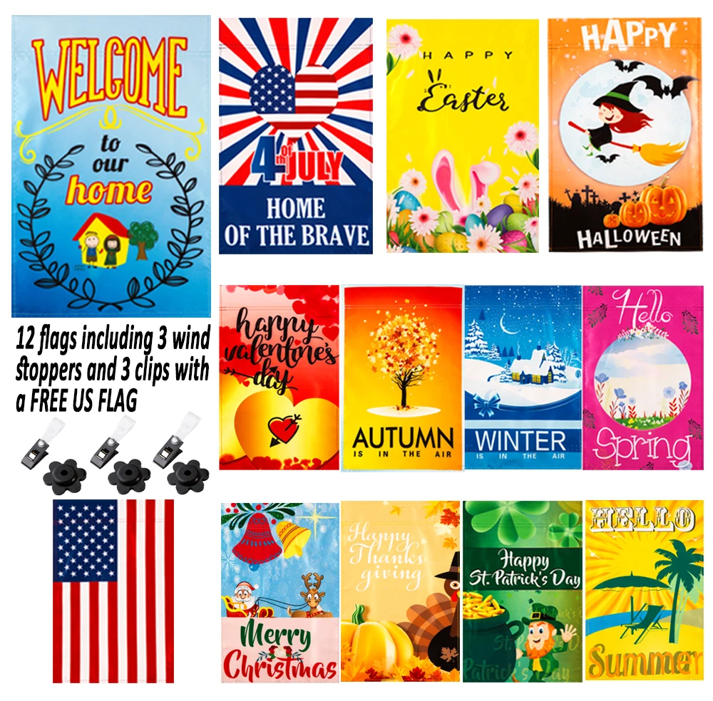 

A Set of 13pcs Welcome Theme Christmas Decor Garden Flag Indoor Outdoor Home Decor Banner Winter Happy Festival Hanging Flag