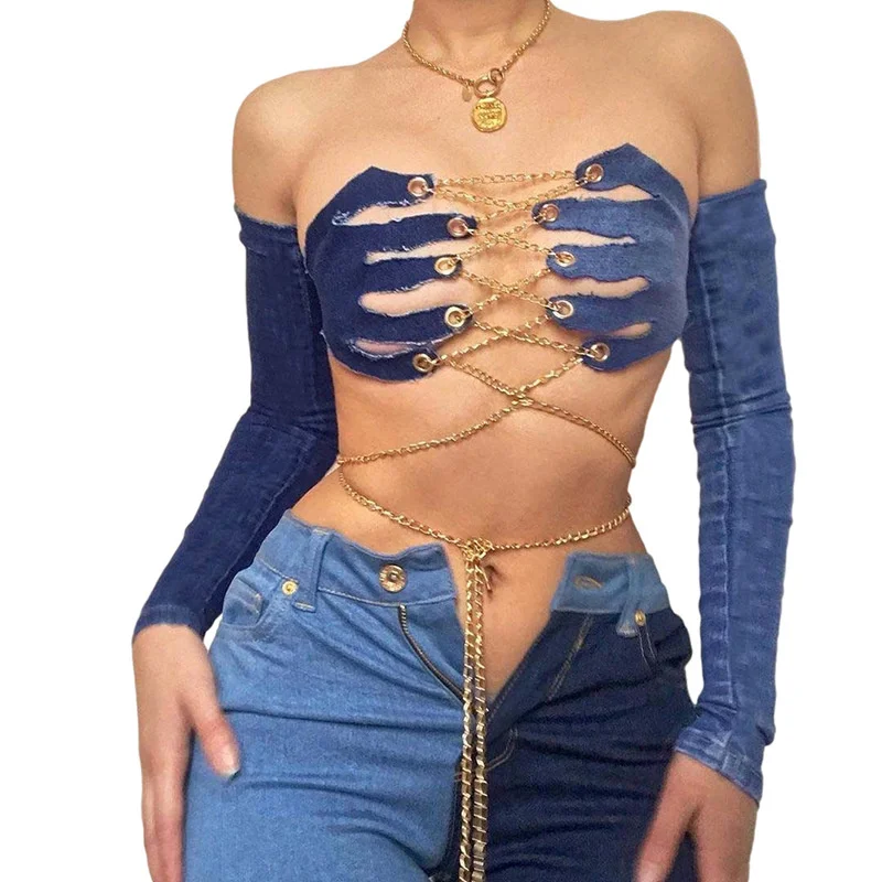 Летний цветной джинсовый жилет Adogirl в стиле пэчворк с цепочками и перчатками кроп