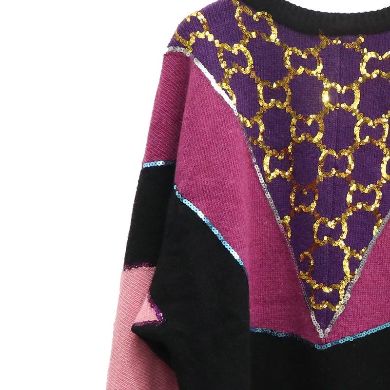 2020 Autumn Women New Black Powder Color Gold Printed Pattern Round Neck Sweater Fresh And Sweet Casual Long Knit | Женская одежда