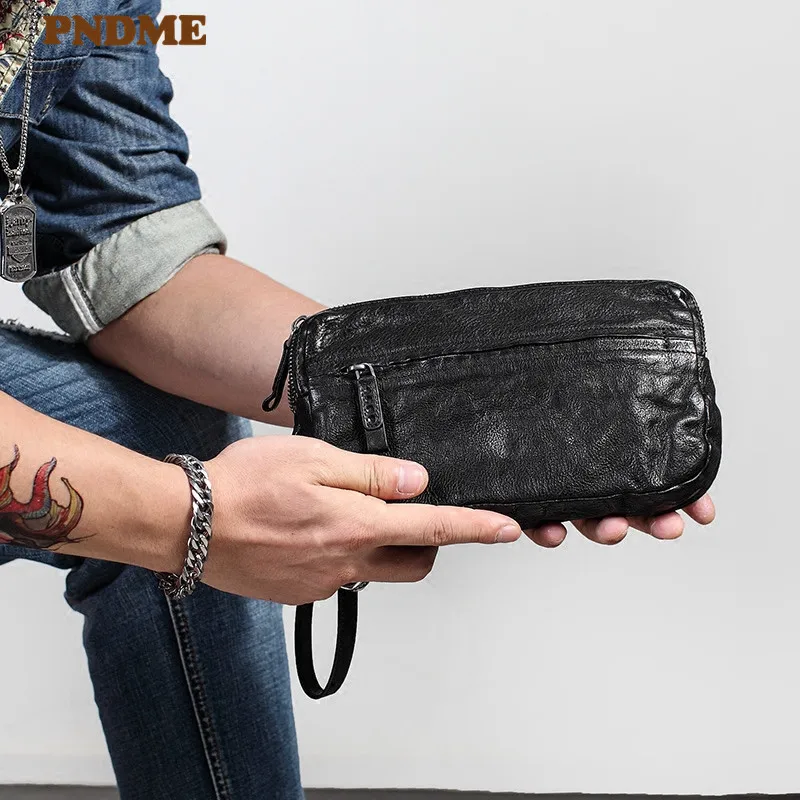 Casual retro luxury natural real cowhide men's clutch wallet fashion genuine leather large capacity card holder phone coin purse