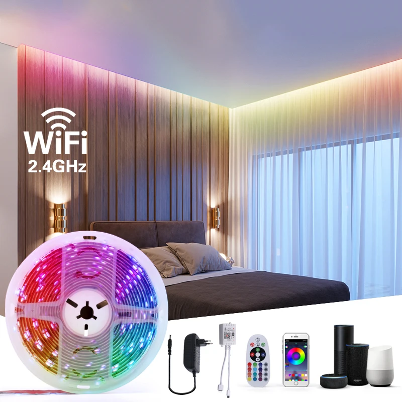 Lqsci 5 м 10 WiFi Светодиодная лента светильник RGB водонепроницаемый SMD 5050 DC12V rgb шнур