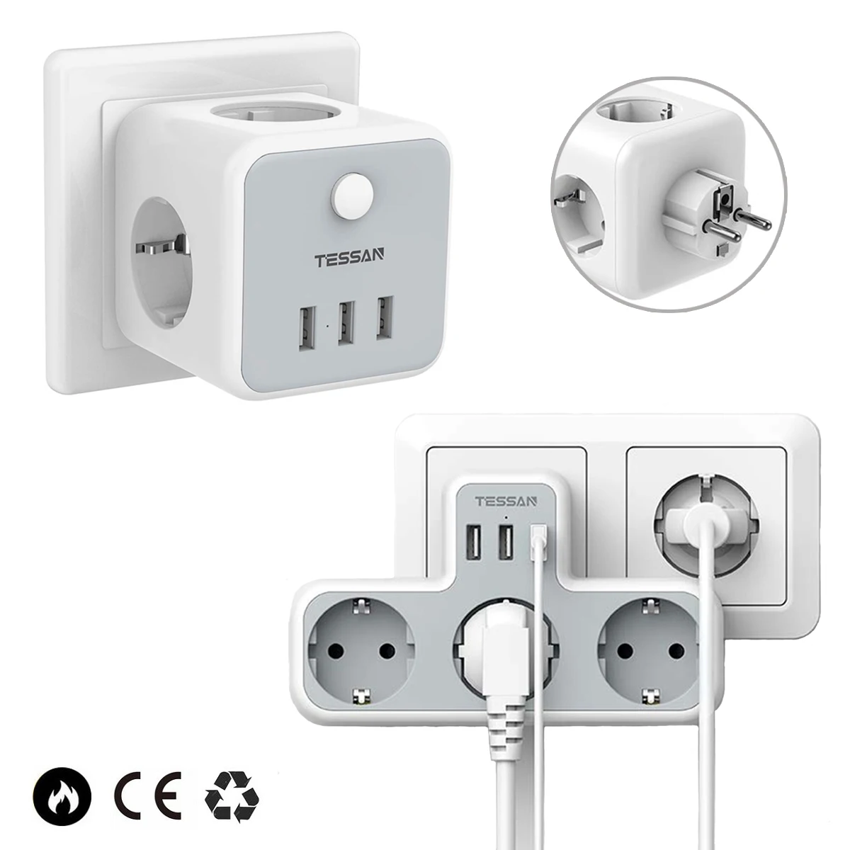 

TESSAN 6-in-1 Plug Extension Socket with 3 Outlets and 3 USB Ports Surge Protection EU USB Wall Sockets Power Strip for Home