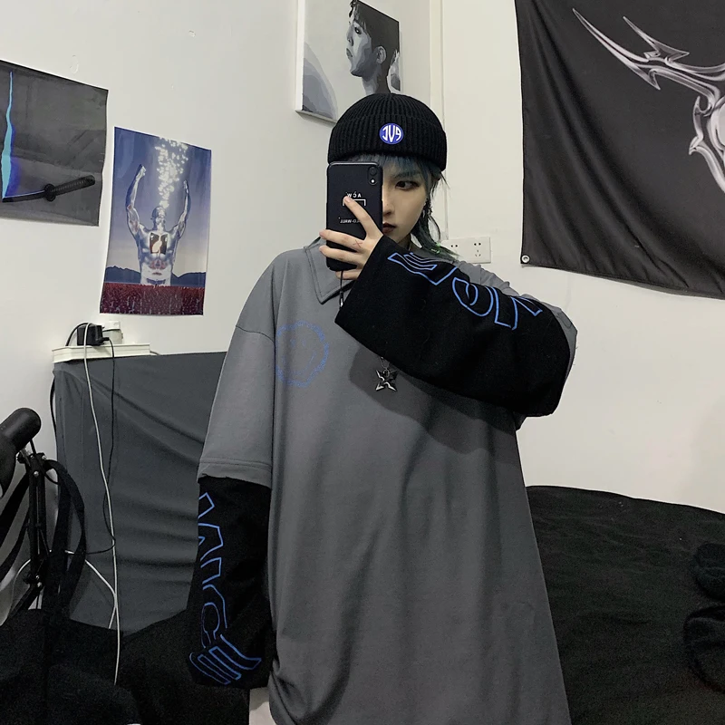 

Korean ins loose patchwork turn-down collar cartoon button long sleeve t-shirts casual style spring new fashion brand black