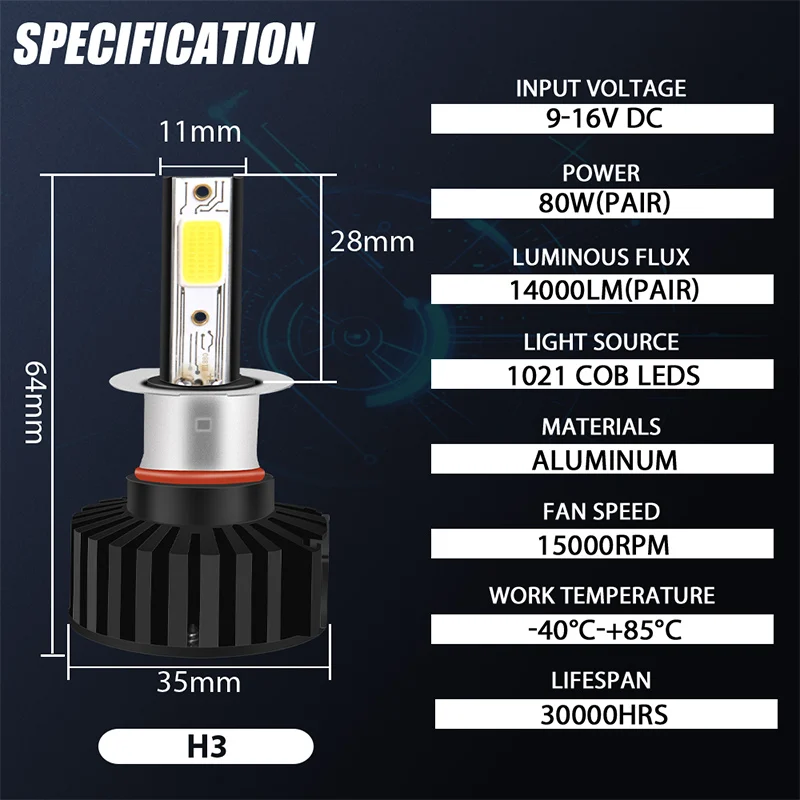 2 шт. мини-светодиод машины головной светильник лампы H3 комплект фар 80 Вт 14000LM 6000K
