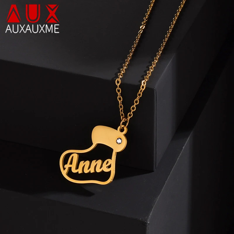 

Auxauxme Custom Christmas Socks Name Necklace Crystal Zricon Stainless Steel Personalized Nameplate Family Kids Christmas Gifts