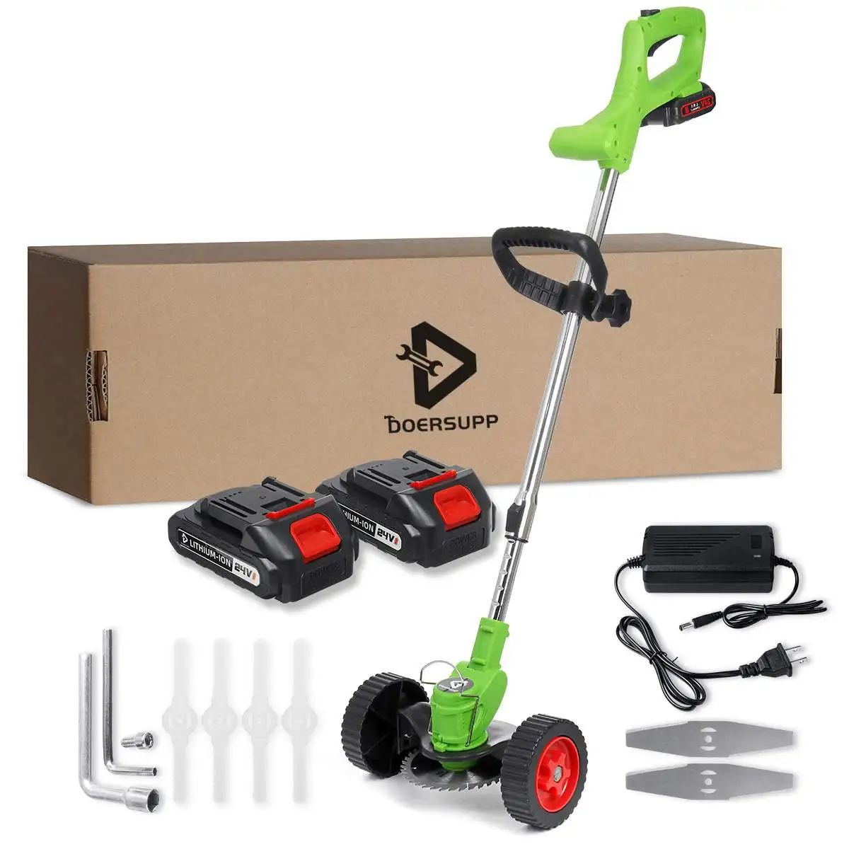 24 1800W Cordless Grass Trimmer Double Wheel Electric Lawn Mower Length Adjustable Garden Pruning Cutter Tools & 2 Battery