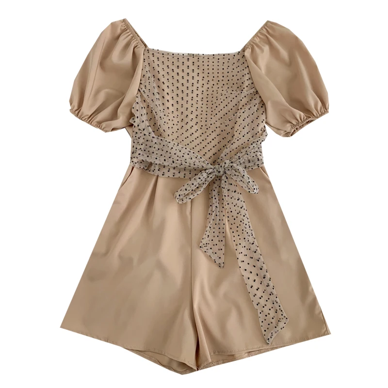 

YIZZHOY Casual Gauze Dot Patchwork Wide Leg Jumpsuit Shorts Women Summer Fashion Puff Sleeve Slash Collar High Waist Jumpsuit