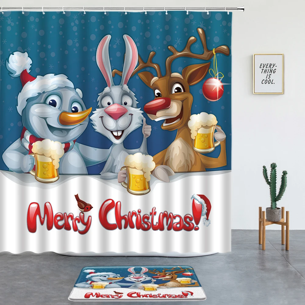 

Рождественские Мультяшные занавески для душа в комплекте, олень, снеговик, кролик, коврик для ванной комнаты, коврик для ванной, праздничный...