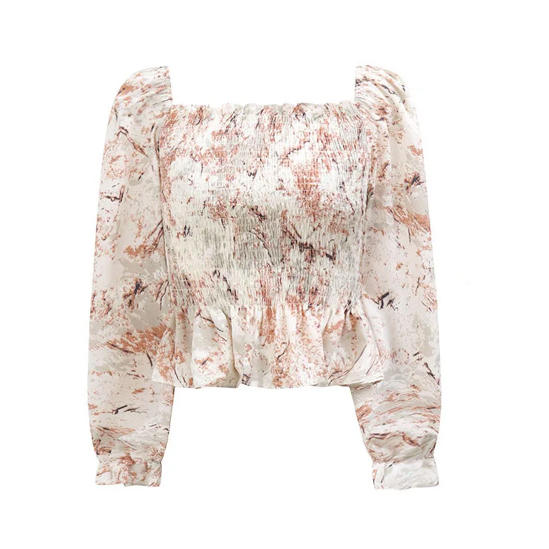 

Korean Floral Shirt Women Sexy Chiffon Long Sleeve Shirt Slash Neck Printing Small Shirt Ruffled Top Female Blusas Mujer 13798