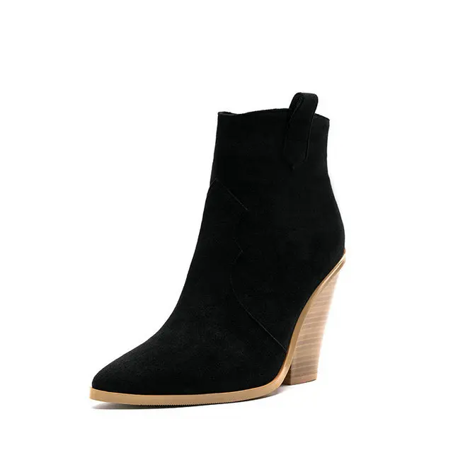suede black Зимние ботильоны фирменного дизайна; женские ковбойские ботинки из искусственной кожи на молнии; ботинки на танкетке со змеиным принтом; коллекция года; Женские ботинки в западном стиле - Color: suede black