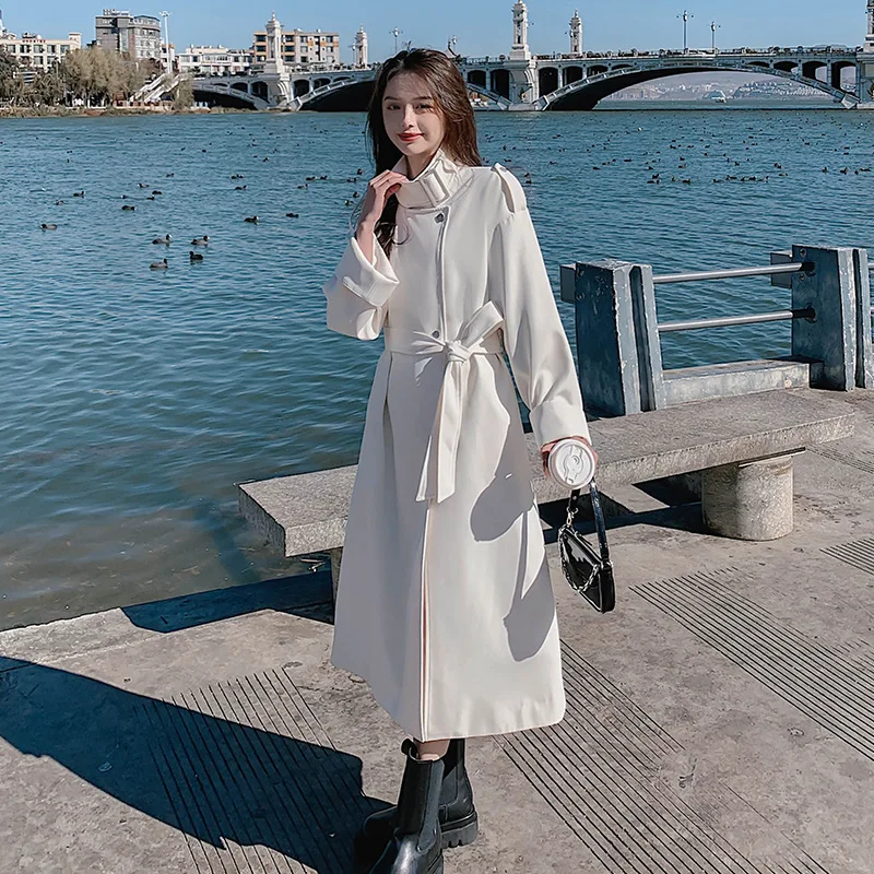

2021 Women Trench Coat Stand Collar Loose Style Women Long Trench Femme Women Autumn Long Coat With Belt Streetwear