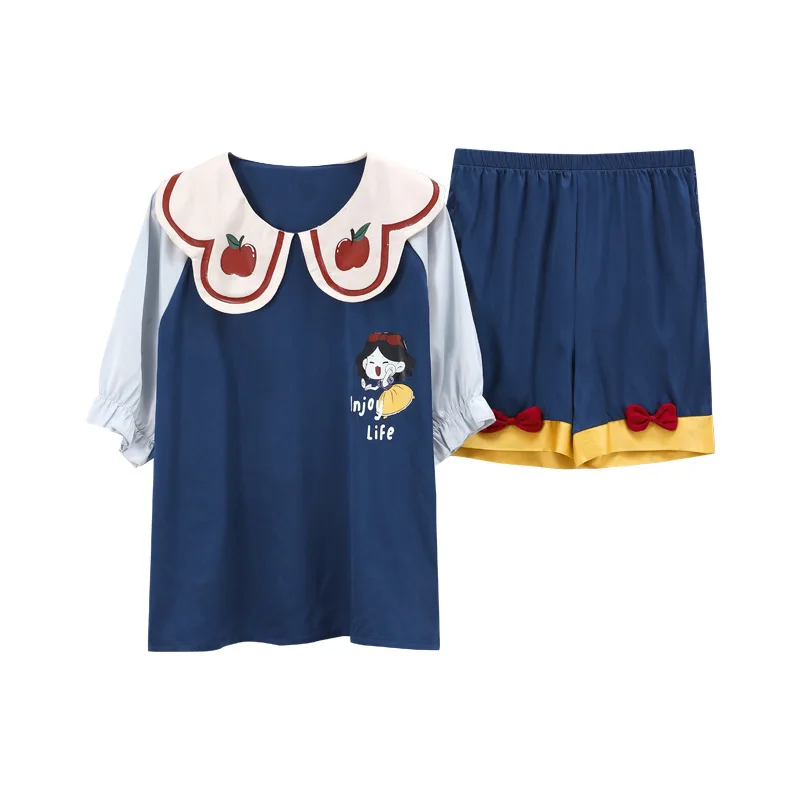 

short sleeve + shorts plus size Silk homewear Nightwear suit Cartoon Print Sleepwear Princess style round neck women pajamas set