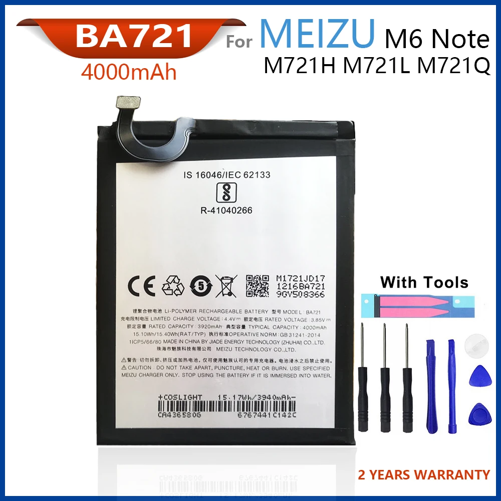 

100% Original 4000mAh BA721 Phone Battery For Meizu M6 Note M721H M721L High quality Batteries With Tools+Tracking Number