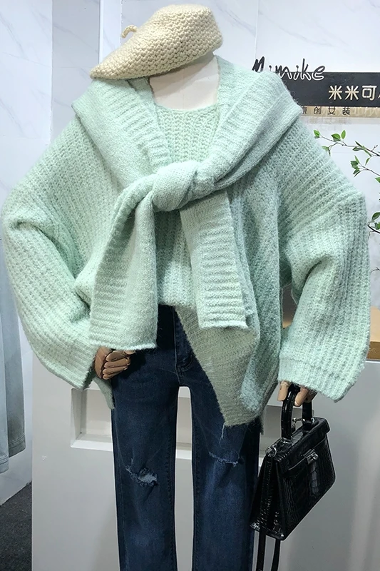 

2021 autumn and winter women's Korean version loose candy color knit sweater solid color sweater with shawl two-piece trend