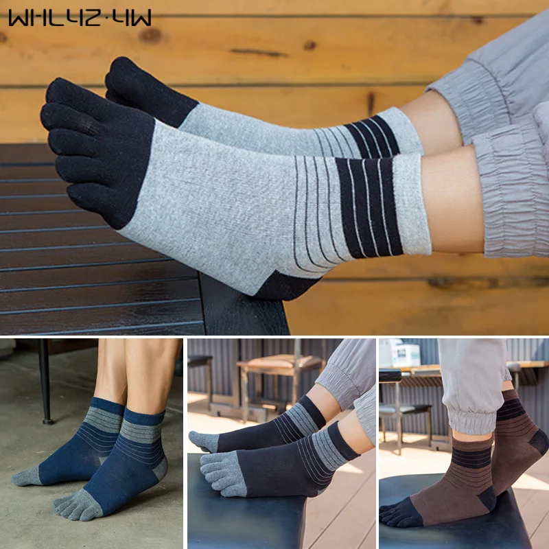 Good Quality Five Finger Socks Mens Striped Solid Pure Cotton Business Brand Weave Breathable Short Socks With Toes EU 38-44