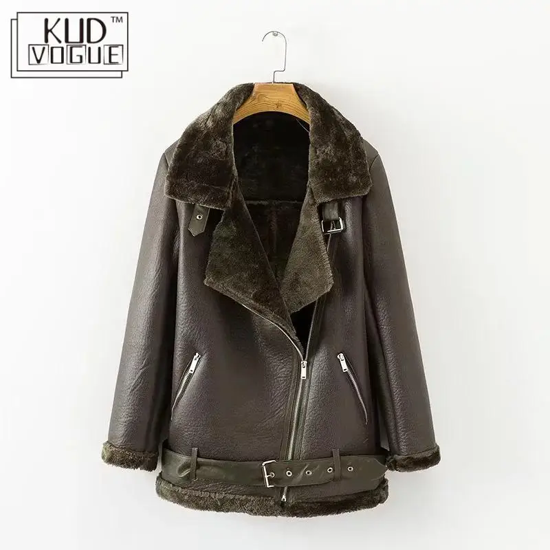 KUDVOGUE, Женская куртка из искусственной кожи, из овечьей шерсти, шерстяной ремень, мотоциклетная куртка, Осень-зима, женская теплая куртка из овечьей шерсти