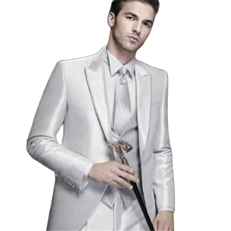 

Официальная одежда серебристого цвета, мужские костюмы, мужской костюм для жениха, деловой, Свадебный Блейзер, брюки, одежда для вечеринки, 3 шт., куртка, брюки, жилет