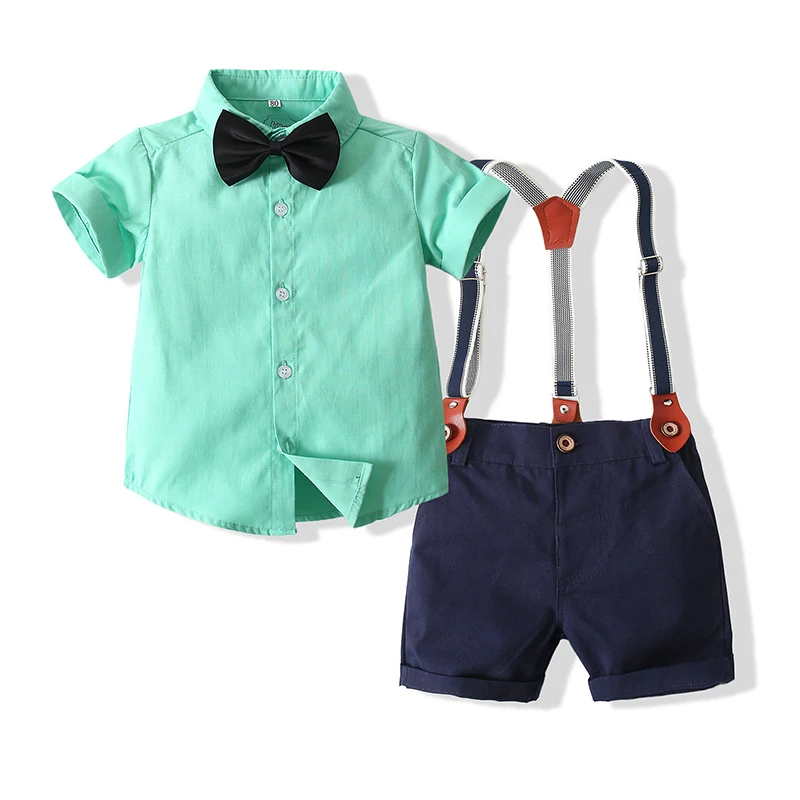 

Baby Boy Clothing Sets Summer Infants Boy Clothes Bowtie Shorts Sleeve Tops + Overalls 2PCS Suit Kids Gentleman Party Dress Suit