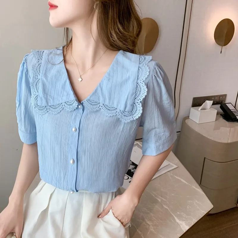

Summer Korean Style Peter Pan Collar Shirt Women Puff Sleeve Lace Patchwork Blouse Ladies Elegant White Blouses Woman