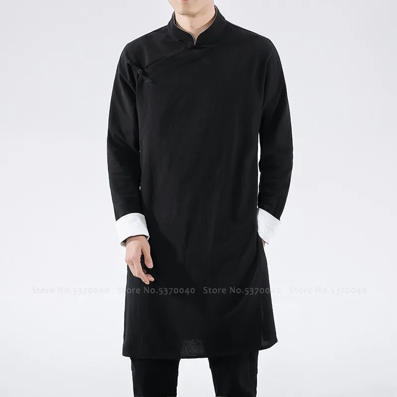 Мужские китайские традиционные хлопковые льняные рубашки Hanfu топы Ципао халат Tang