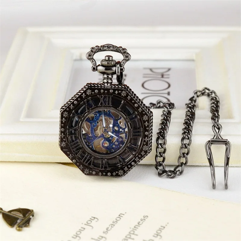 

Hollow out pocket watch engraving octagonal mechanical pocket watch vintage Roman blue numbers