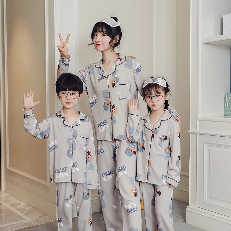 

Cotton Boy Pajamas Set Mommy Daughter Homewear Spring Long Sleeve Family Matching Outfits Cartoon Adult Kids Nightwear Suit