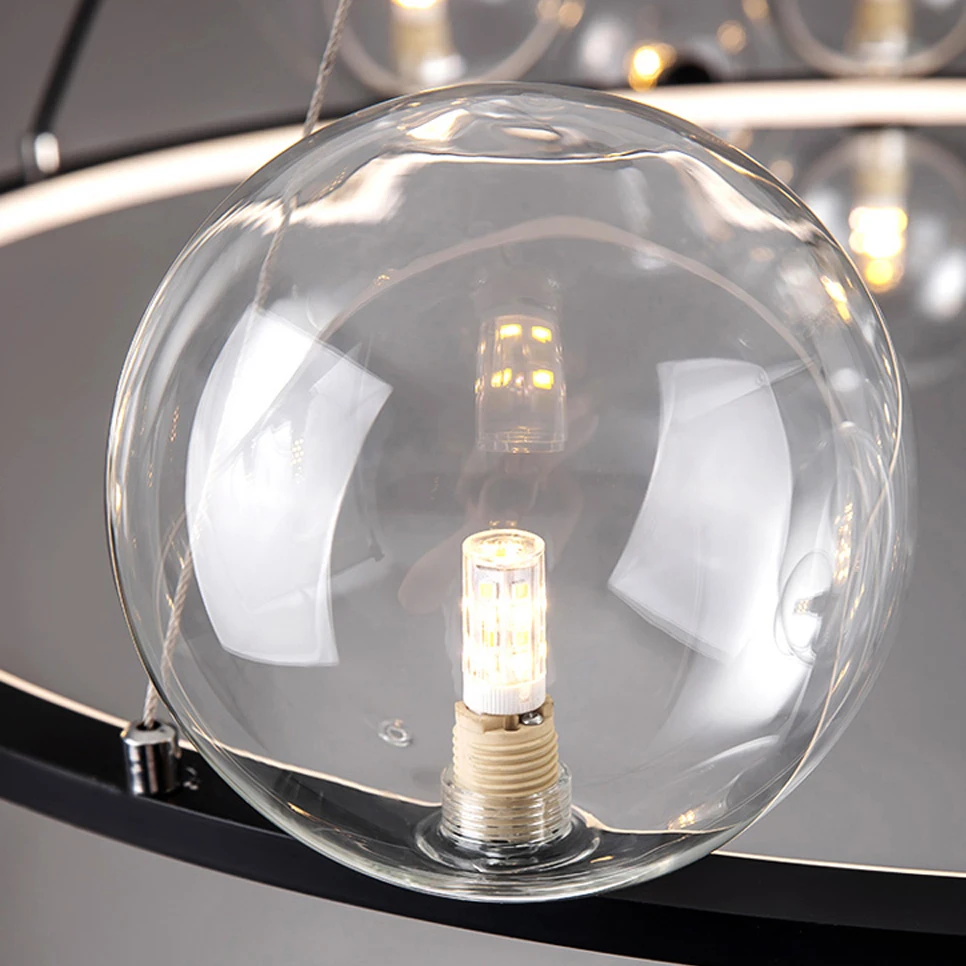 Lámpara colgante de hierro posmoderno para comedor, luz LED redonda de diseñador de plata y negro con burbujas de vidrio