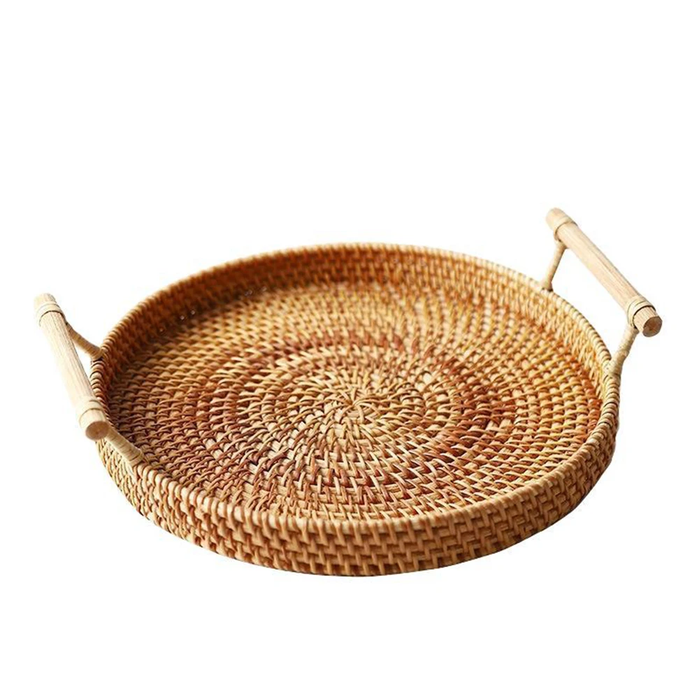 

Practical Rattan Storage Tray with Handle Round Hand-Woven Basket Storage Platters for Breakfast Drinks Snack Bread Fruit