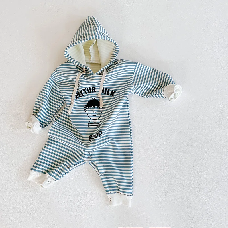 

Autumn Winter Plus Velvet Baby Rompers Cartoon Newborn Boys Girls Jumpsuit Hooded Clothes Long Sleeve Toddler Striped Romper
