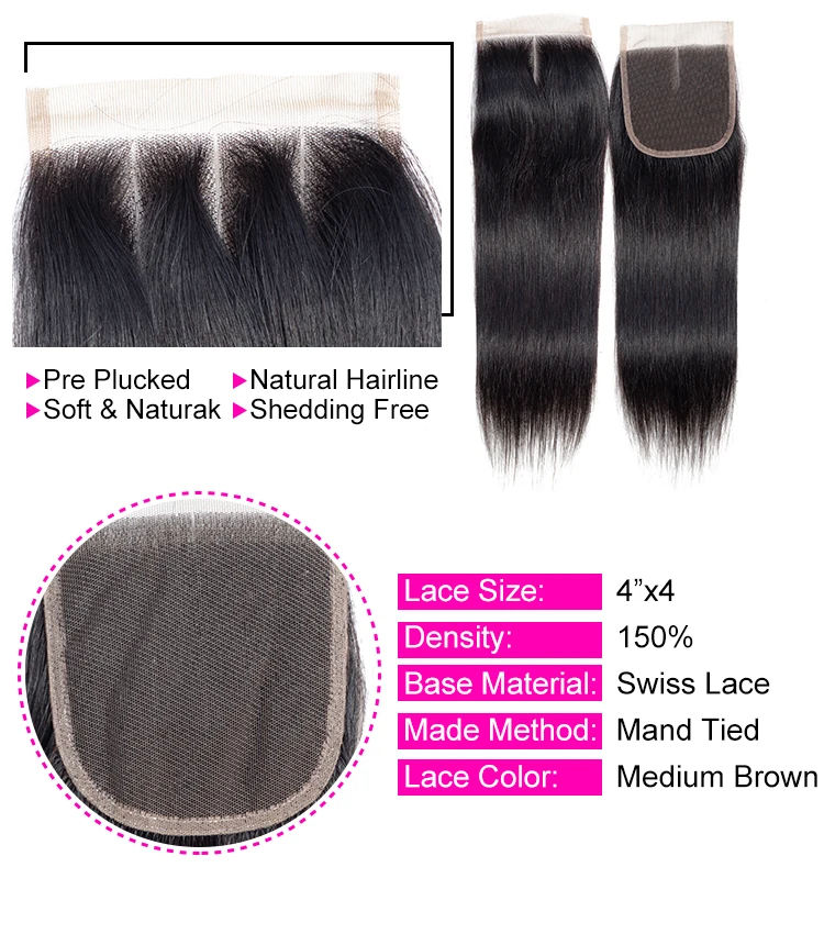 Feel Me Malaysian Straight Hair Bundles With Closure Human 3/4 Natural Color Non Remy Extensions | Шиньоны и парики