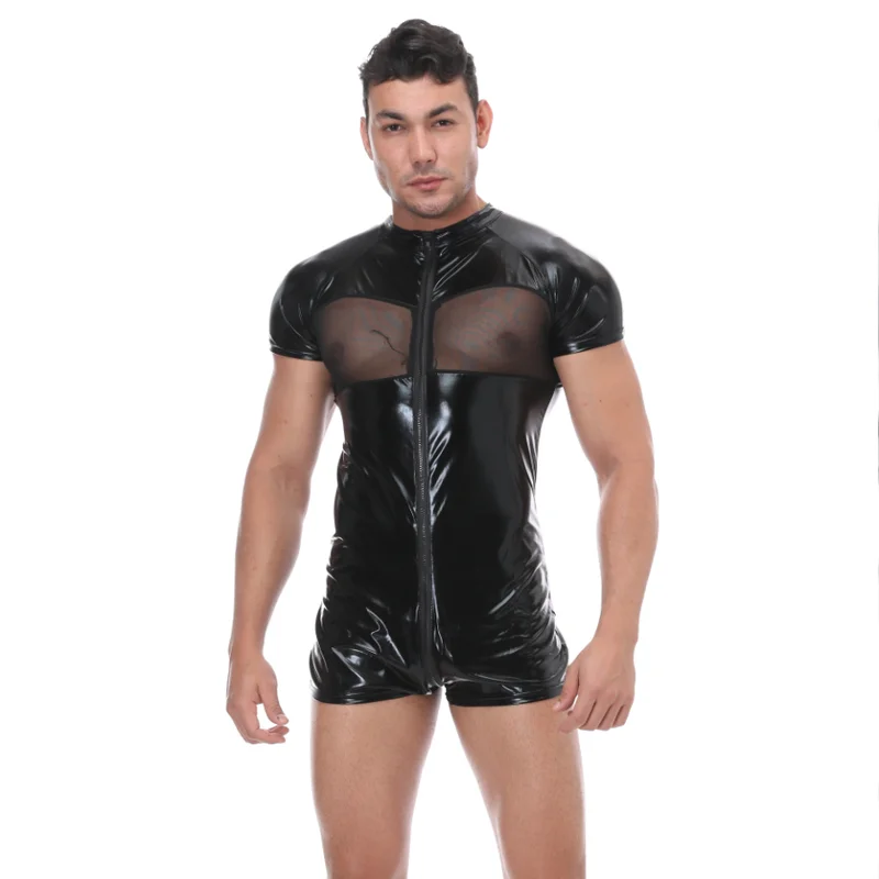 

Men Faux Leather PU Undershirt Wrestling One Piece Singlet Sexy Boxers Jumpsuit Mesh Patchwork Underwear Exotic Bodysuit
