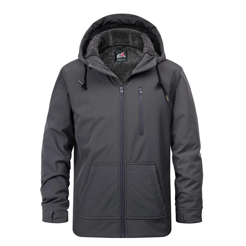 

Men Winter Fleece Lined Water Resistant Windbreaker Stretchy Comfortable Softshell Zip Front Hooded Warm Fabric Jackets MJK009