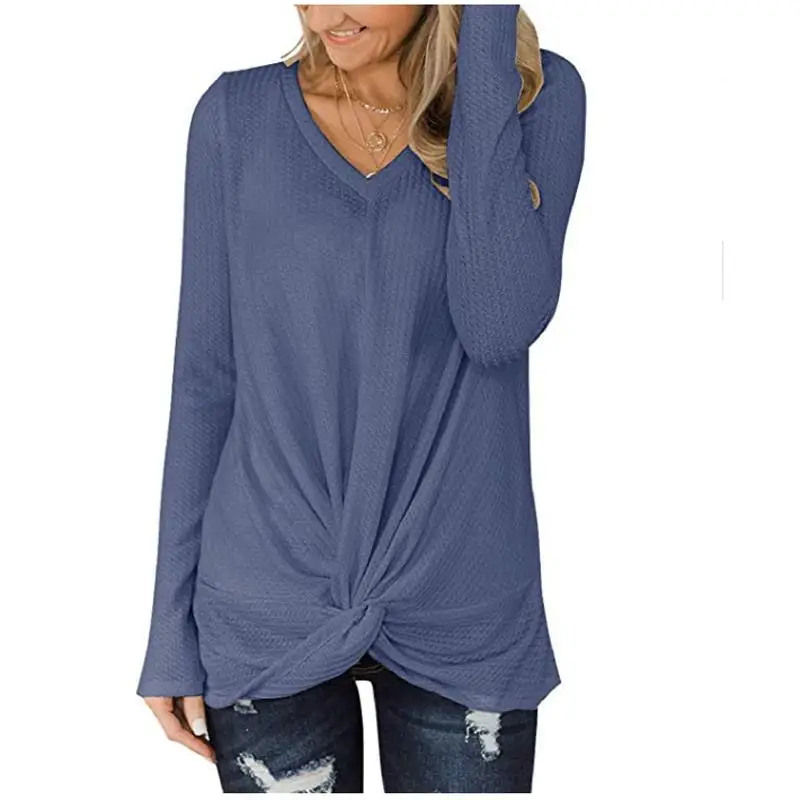 2019 модная футболка с вафельным воротником женская круглым вырезом и длинным