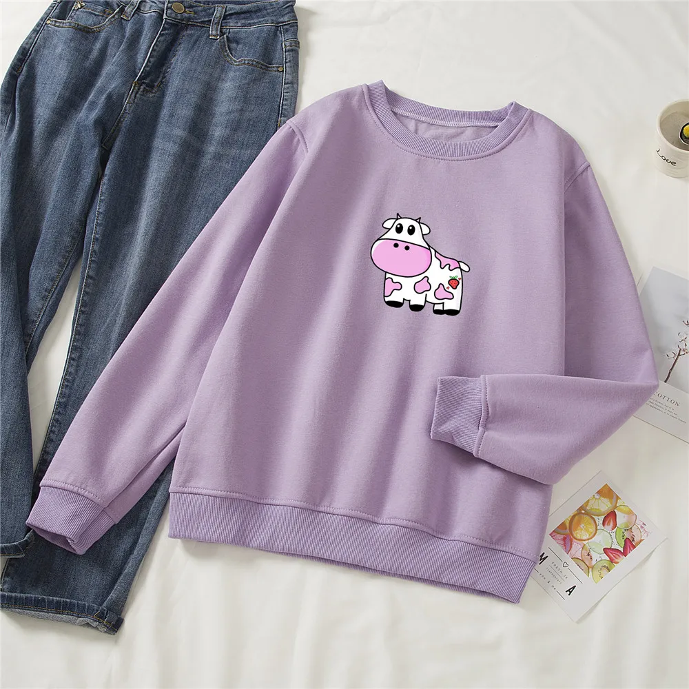 Sweatshirt Strawberry Cow Hoodies Womens Crewneck Sweatshirts Vintage Oversized Cute Oversized Kawaii Women Graphic Sweetshirt