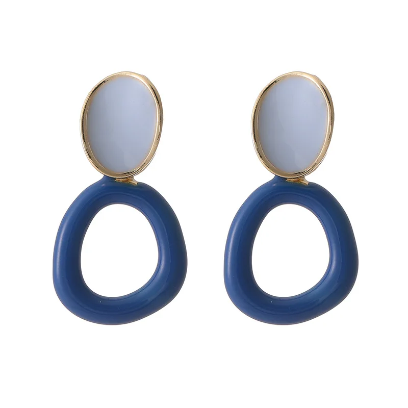 

2021 New Blue Enamel Round Circle Drop Earrings For Women Hollow Geometric Dangling Earrings Statement Jewelry Pendientes