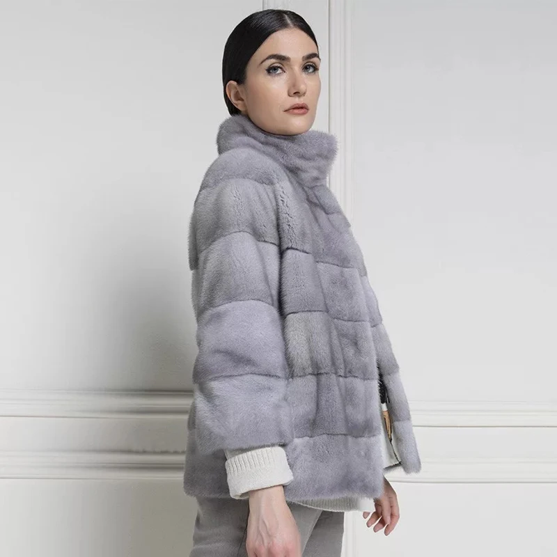 BFFUR Fashion Grey Genuine Mink Fur Jackets Stand Collar 2022 Trendy Natural Woman Fur Coat Outwear Luxury Real Mink Fur Coats