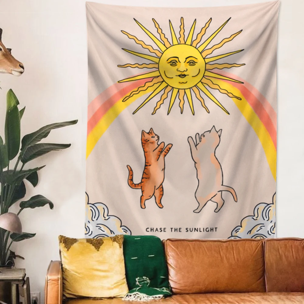 Настенный гобелен в виде милого кота и солнца гобелены с радужным солнечным