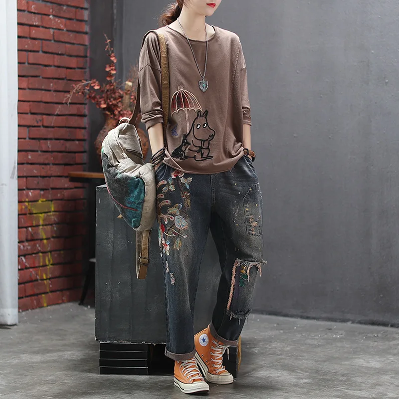 Streetwear Casual Ripped Denim Pants Autumn Retro High Quality Embroidery Floral Washed Jeans Women Elastic Waist Harem Trousers | Женская
