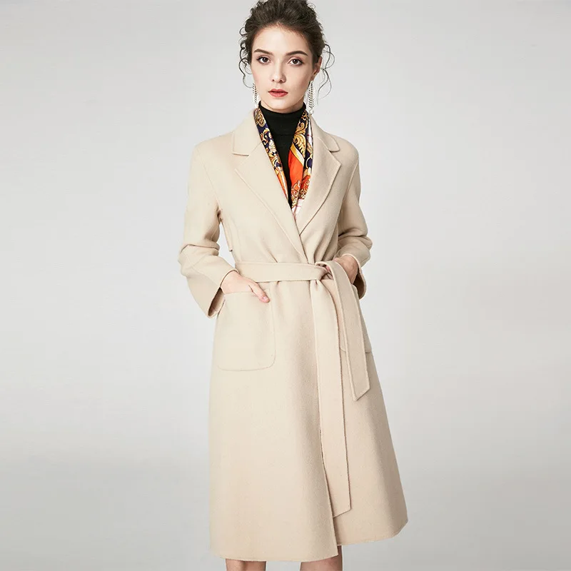 

Winter 2019 Korean Fashion Belt Double -Sided High End White Wool Long Coat Women's Cashmere Overcoat Plus Size European Jacket
