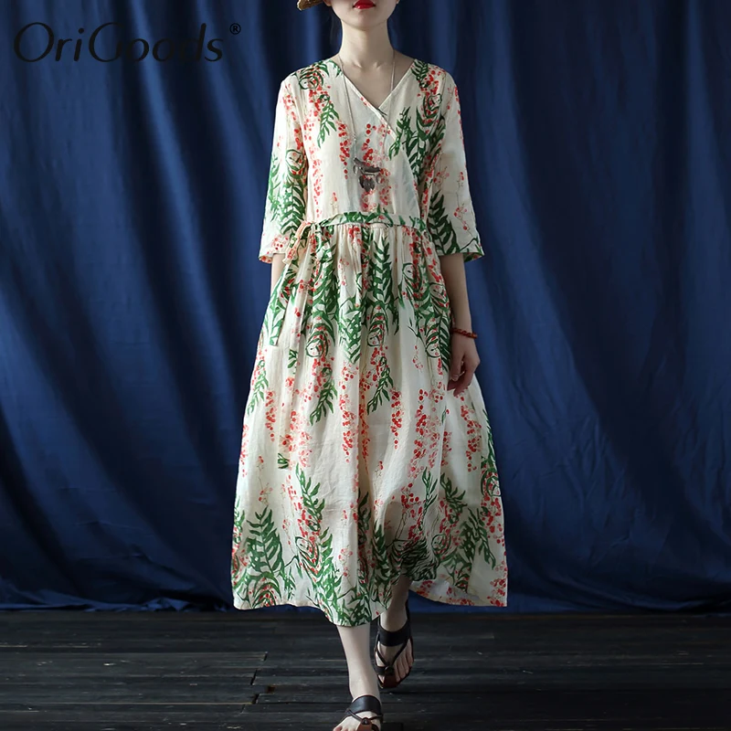 

OriGoods Women Summer Dress V-neck Print Ramie Long Dress Quality Casual Elegant Dress For Women Kawaii Cute Robe Vestidos A514