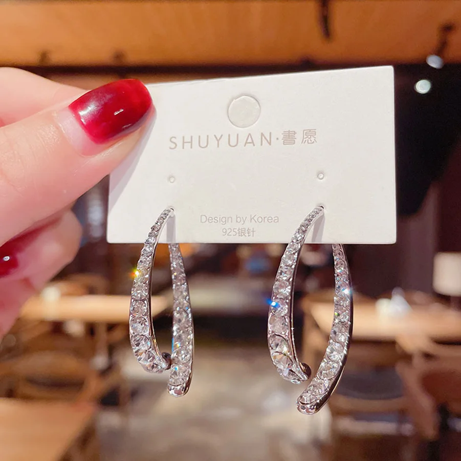 

2021 Korean Fashion Jewelry New Gold Plated Cross Back Forth Crystal Earrings Pendientes Hombre 925 Stud Earrings For Women