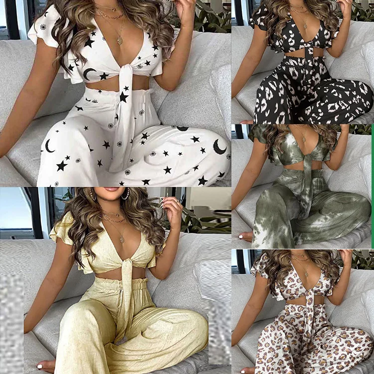 

Leopard Tie Dye Print Lounge Set Summer Women Sexy V-Neck Ruffles Crop Top+Ruched High Waist Pants 2 Pieces Sets Home Suit Women
