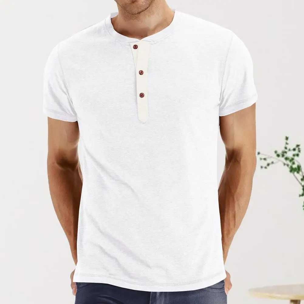 Футболка Henley мужская с коротким рукавом льняная тенниска на пуговицах модный