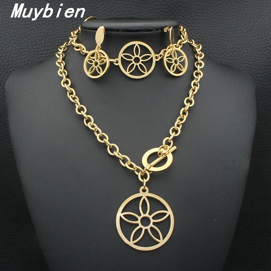 

Ювелирные изделия из нержавеющей стали, позолоченный браслет, ожерелье, серьги, наборы для женщин, SFXKAVDA