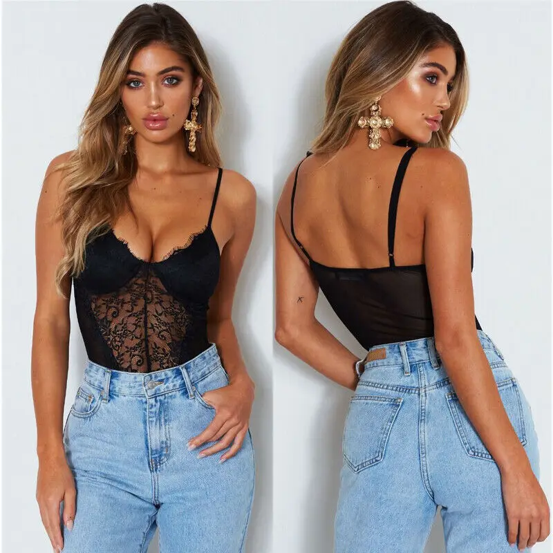 Сексуальный женский боди-комбинезон из кружева без рукавов с прозрачной верхней частью, леотардами и открытой спиной.