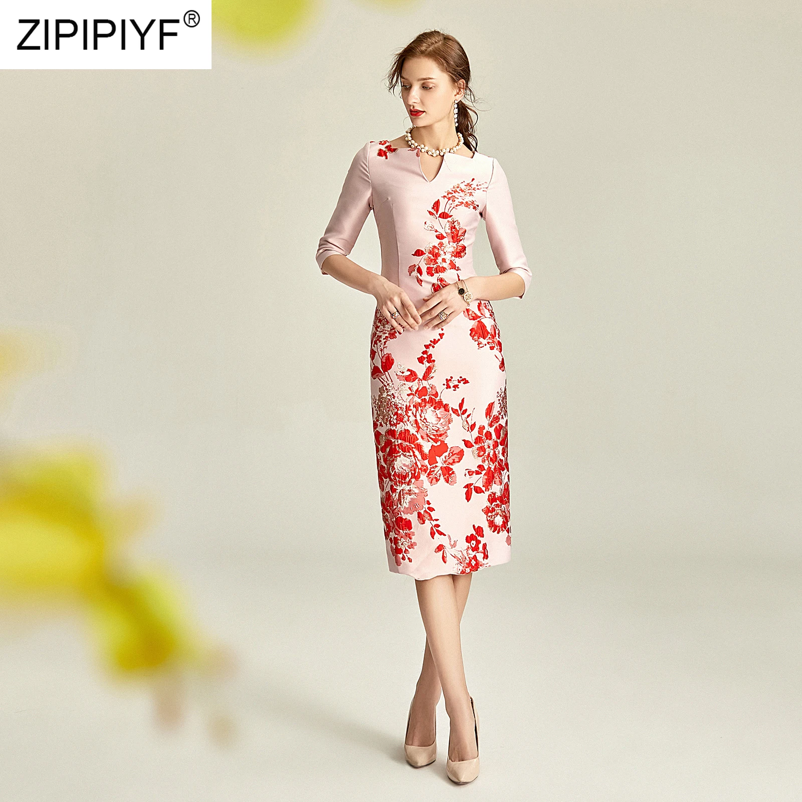 Женское весеннее жаккардовое платье элегантное винтажное карандаш до колена с V